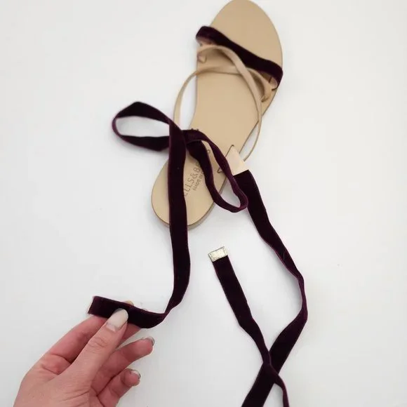 Bells & Becks Italy Velvet Leather Strappy Sandals Maroon Open Toe 8.5 Tie Ankle - Picture 5 of 8